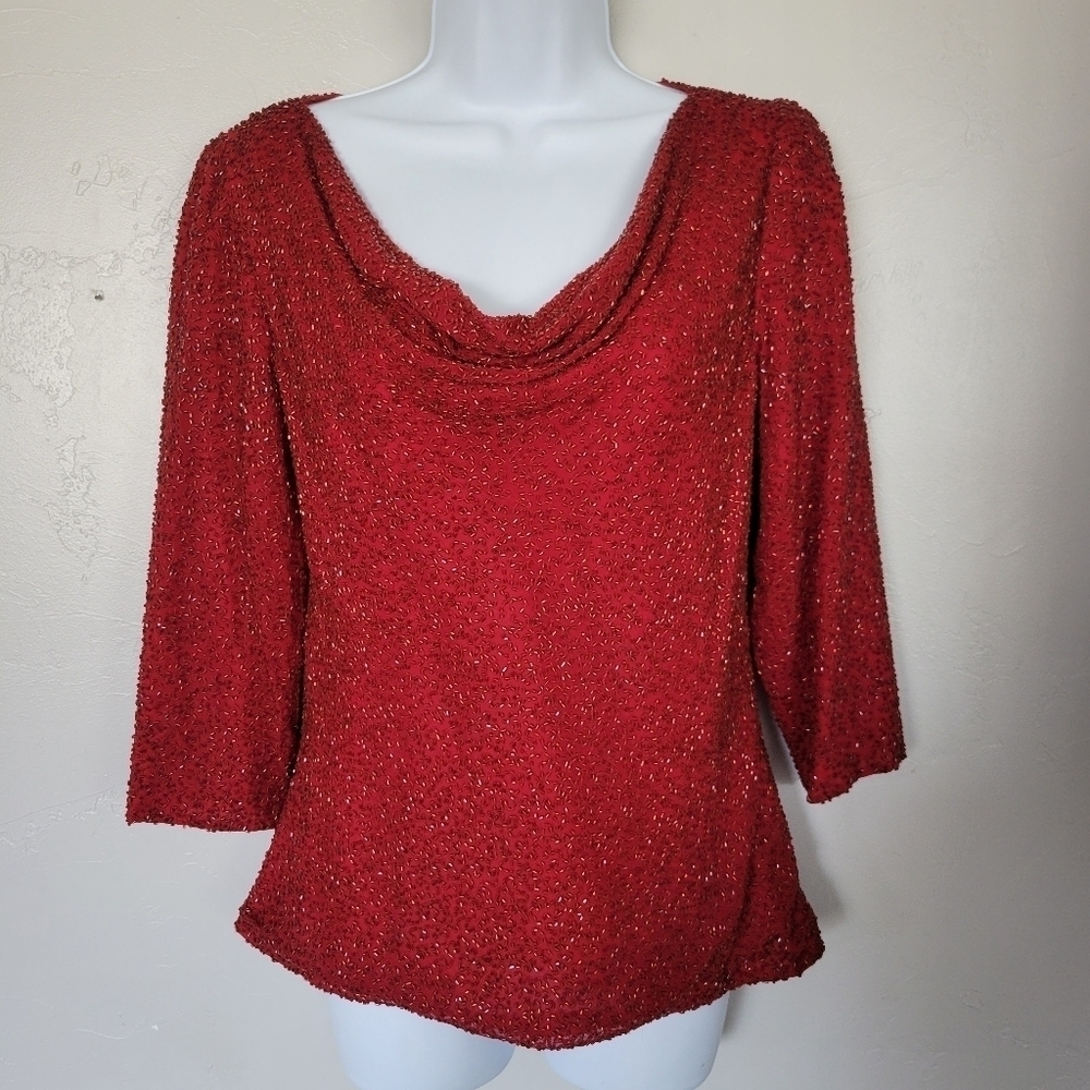 Lawrence Kazar 100% Silk Red Beaded Blouse Quarter Sleeve Draped Front Formal
